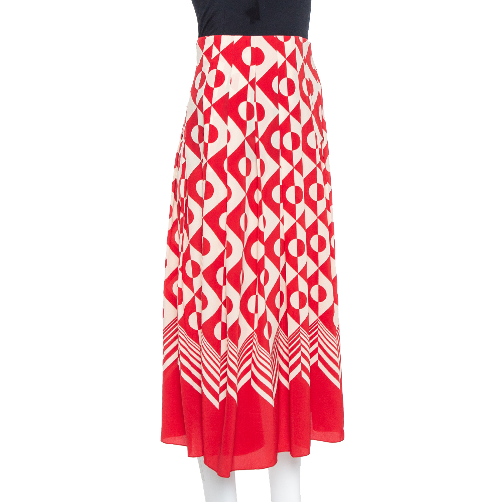 

Gucci Red & Cream Geometric Printed Silk Midi Skirt
