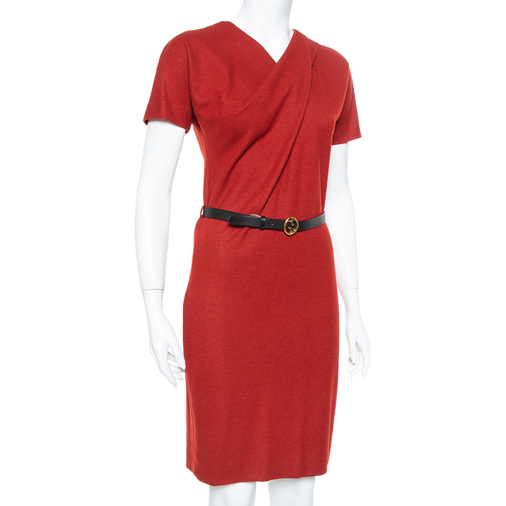 

Gucci Red Fleece Wool Flared Belted Midi Dress