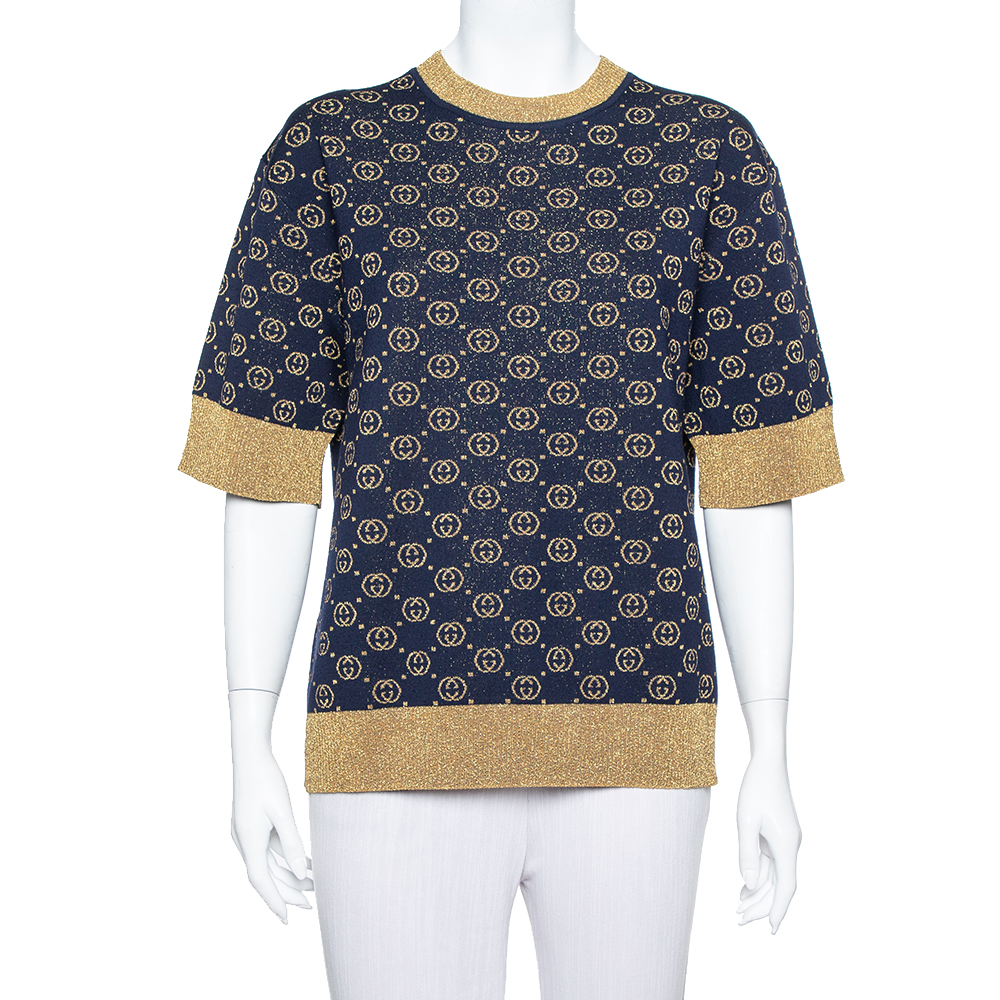Gucci Navy Blue Logo Pattern Lurex Knit Short Sleeve Sweater S
