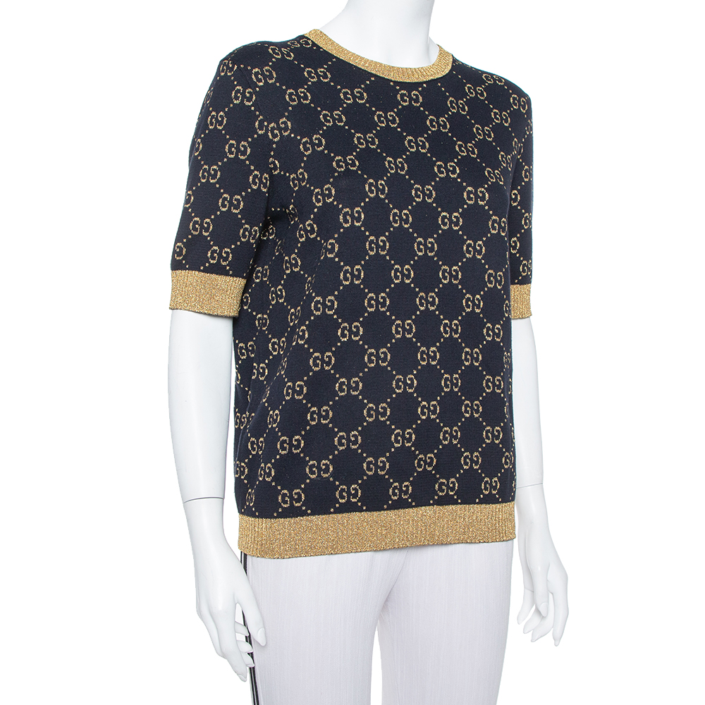 

Gucci Navy Blue Logo Pattern Lurex Knit Short Sleeve Sweater