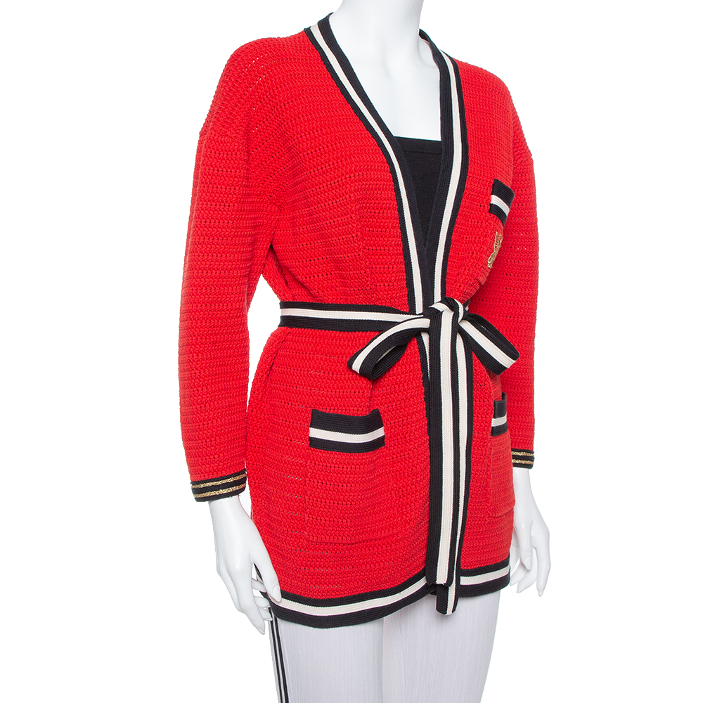 

Gucci Red Knit Contrast Trim Detail Open Front Belted Cardigan