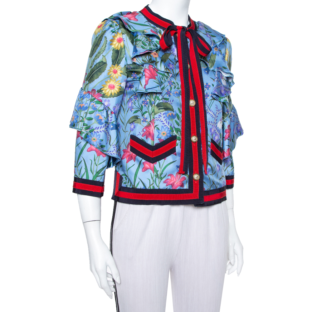 

Gucci Blue Neck Tie Detail Flora Silk Jacket