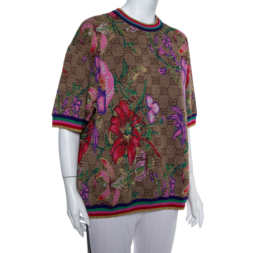 

Gucci Beige Floral Jacquard Lurex Knit Logo Monogram Short Sleeve Sweater