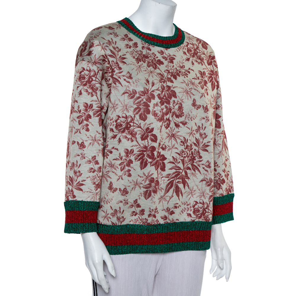 

Gucci Beige Knit Vintage Floral Print Lurex Web Stripe Detail Sweatshirt
