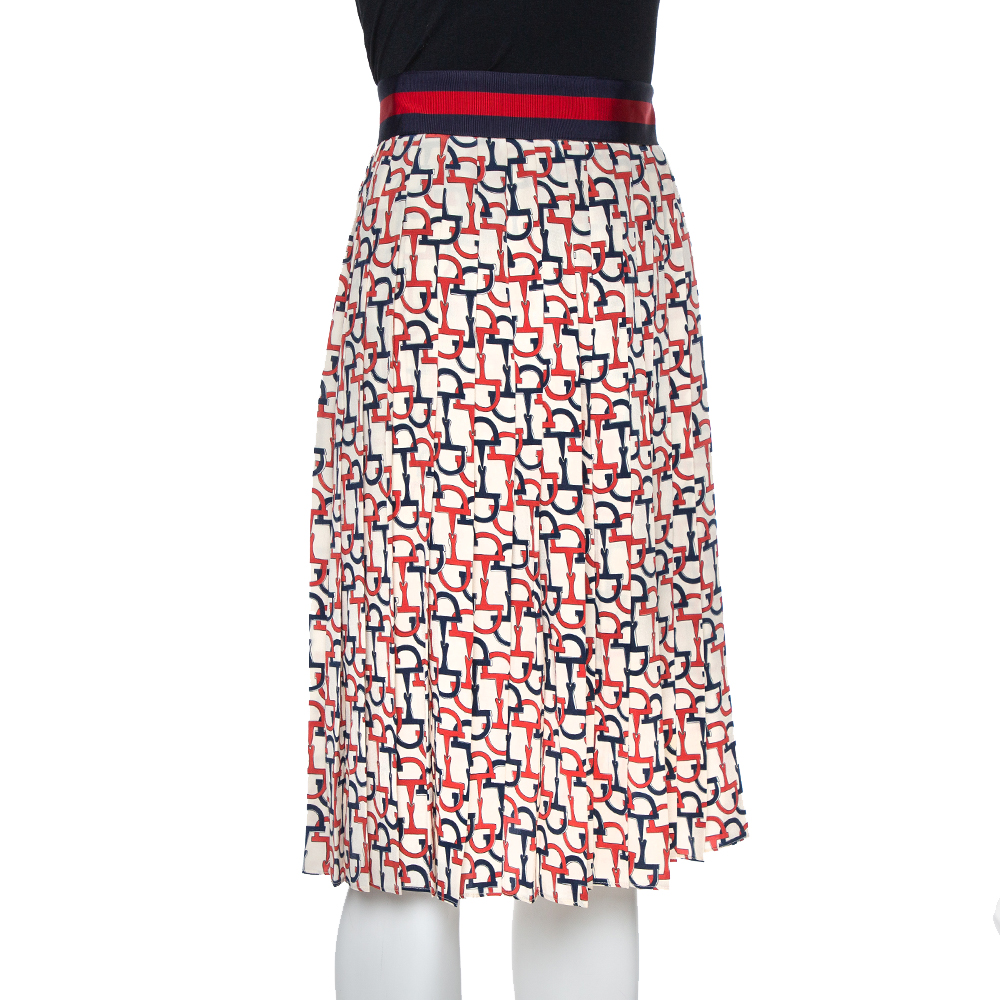 

Gucci Beige Silk Handcuff Printed Pleated Midi Skirt