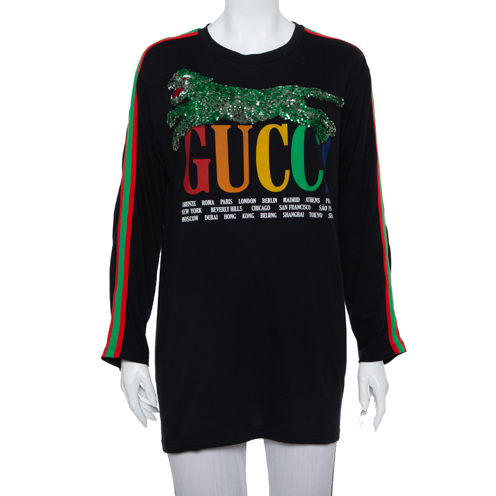 Pre-owned Gucci Black Logo Printed Knit Sequin Embellished Tiger Detail Long Sleeve T-shirt Xs
