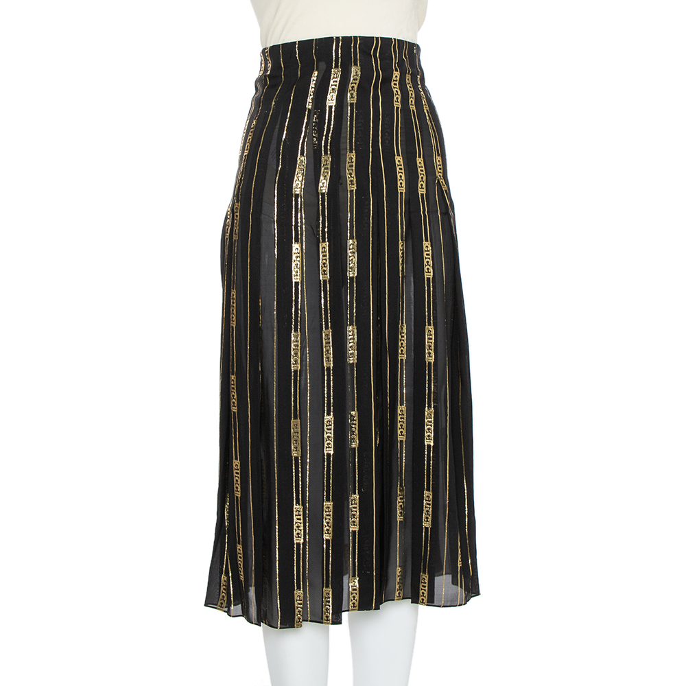 

Gucci X Dapper Dan Black & Gold Silk Logo Detail Pleated Midi Skirt