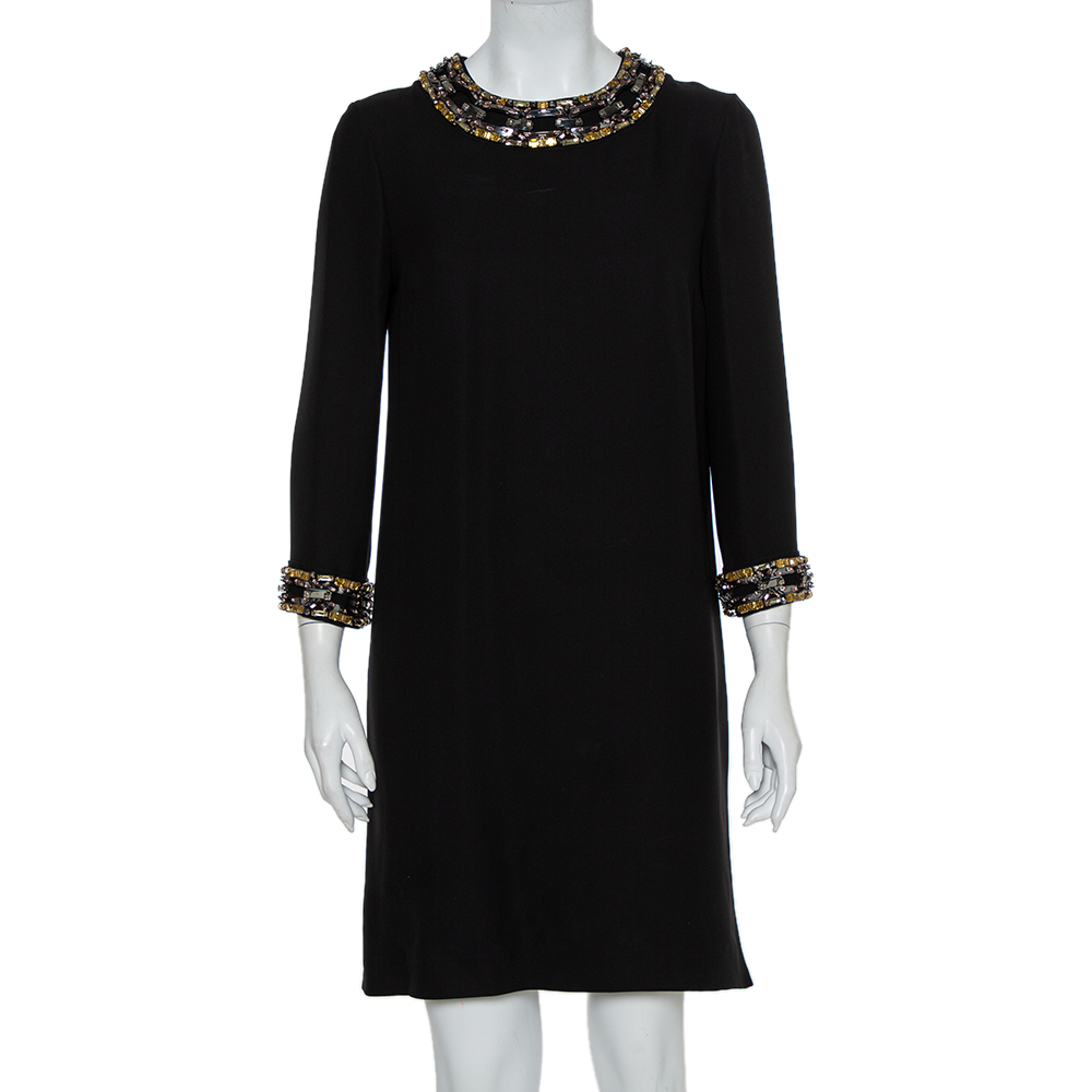 Pre-owned Gucci Black Silk Embellished Detail Shift Dress M