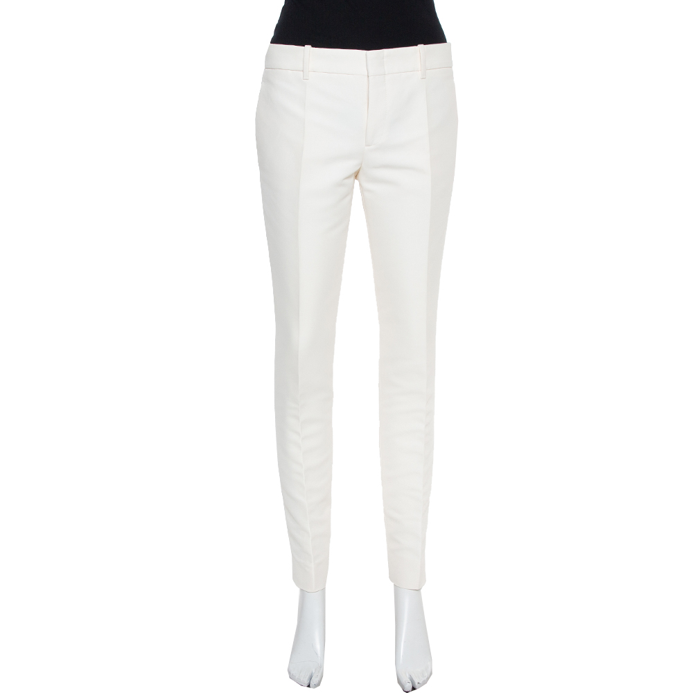 Pre-owned Gucci White Cotton Skinny Trousers M In Cream
