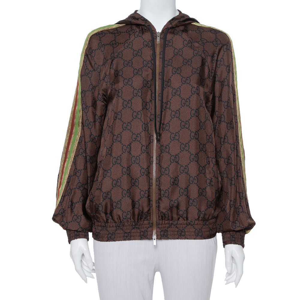 Pre-owned Gucci Ssima Printed Silk Stripe Detail Hooded Jacket Xs In Brown