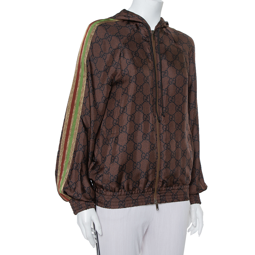 

Gucci Brown Guccissima Printed Silk Stripe Detail Hooded Jacket