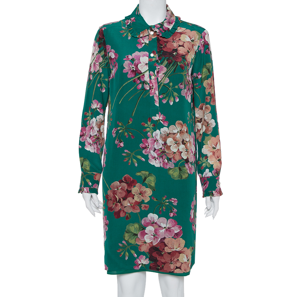 Pre-owned Gucci Green Blooms Printed Silk Shift Dress M