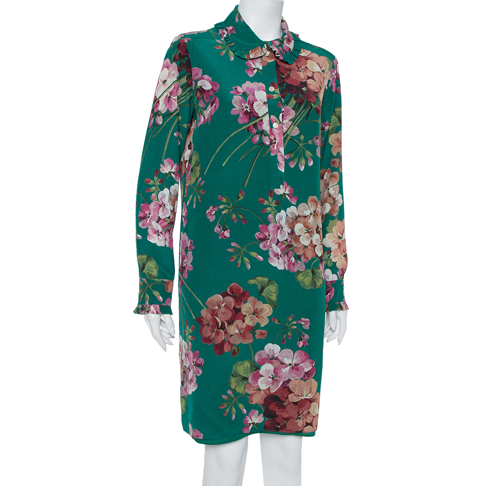

Gucci Green Blooms Printed Silk Shift Dress