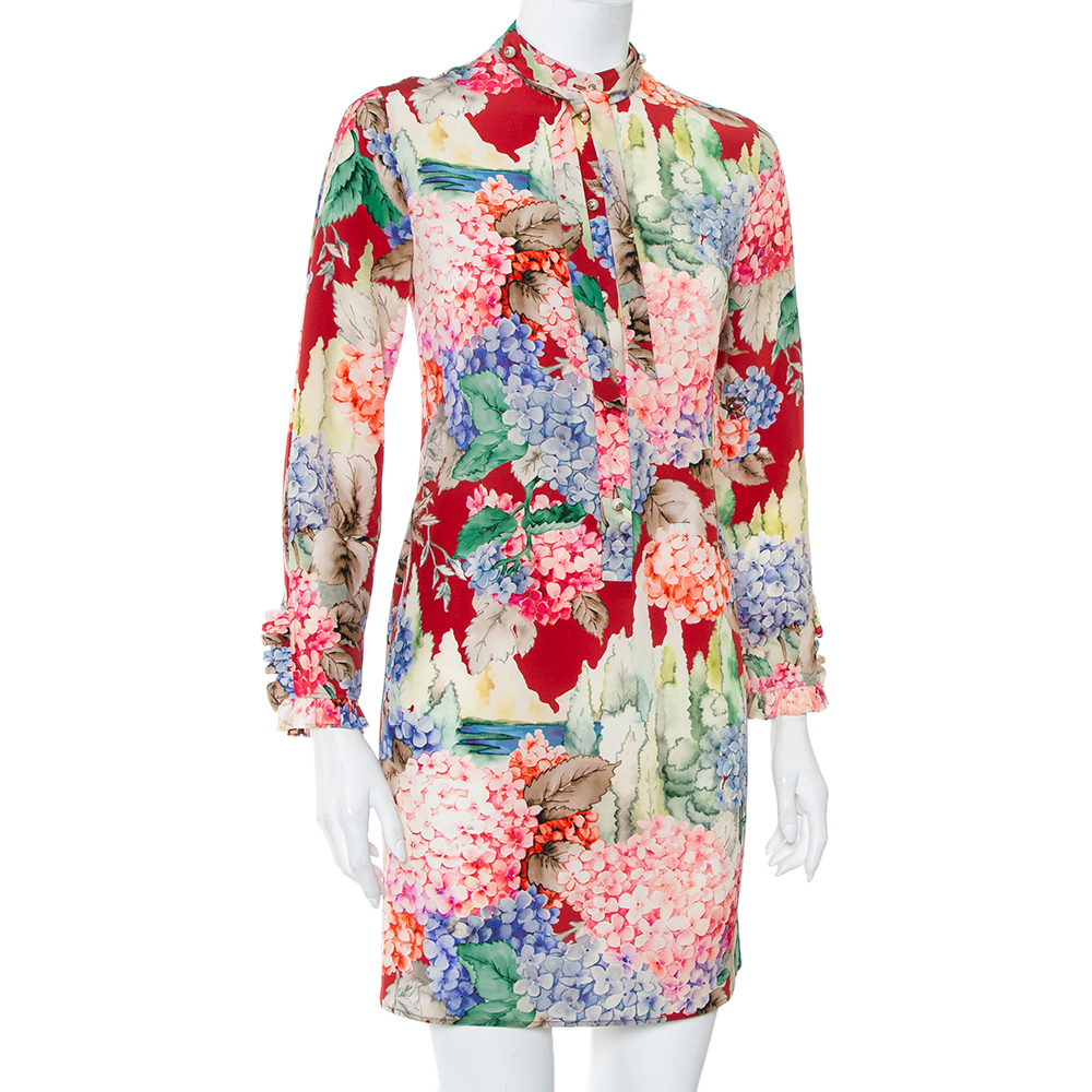 

Gucci Multicolor Hydrangea Printed Silk Neck Tie Detail Shirt Dress