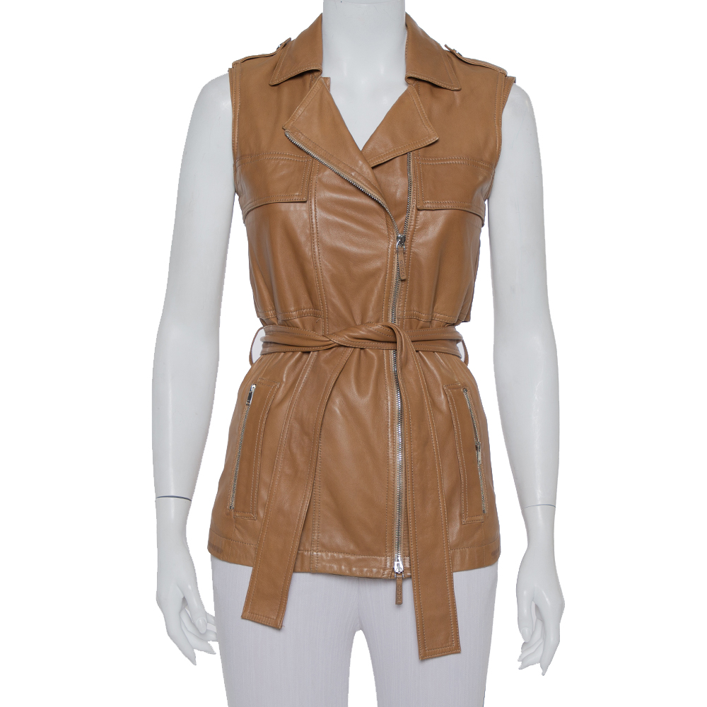 Pre-owned Gucci Brown Leather Sleeveless Belted Vest S