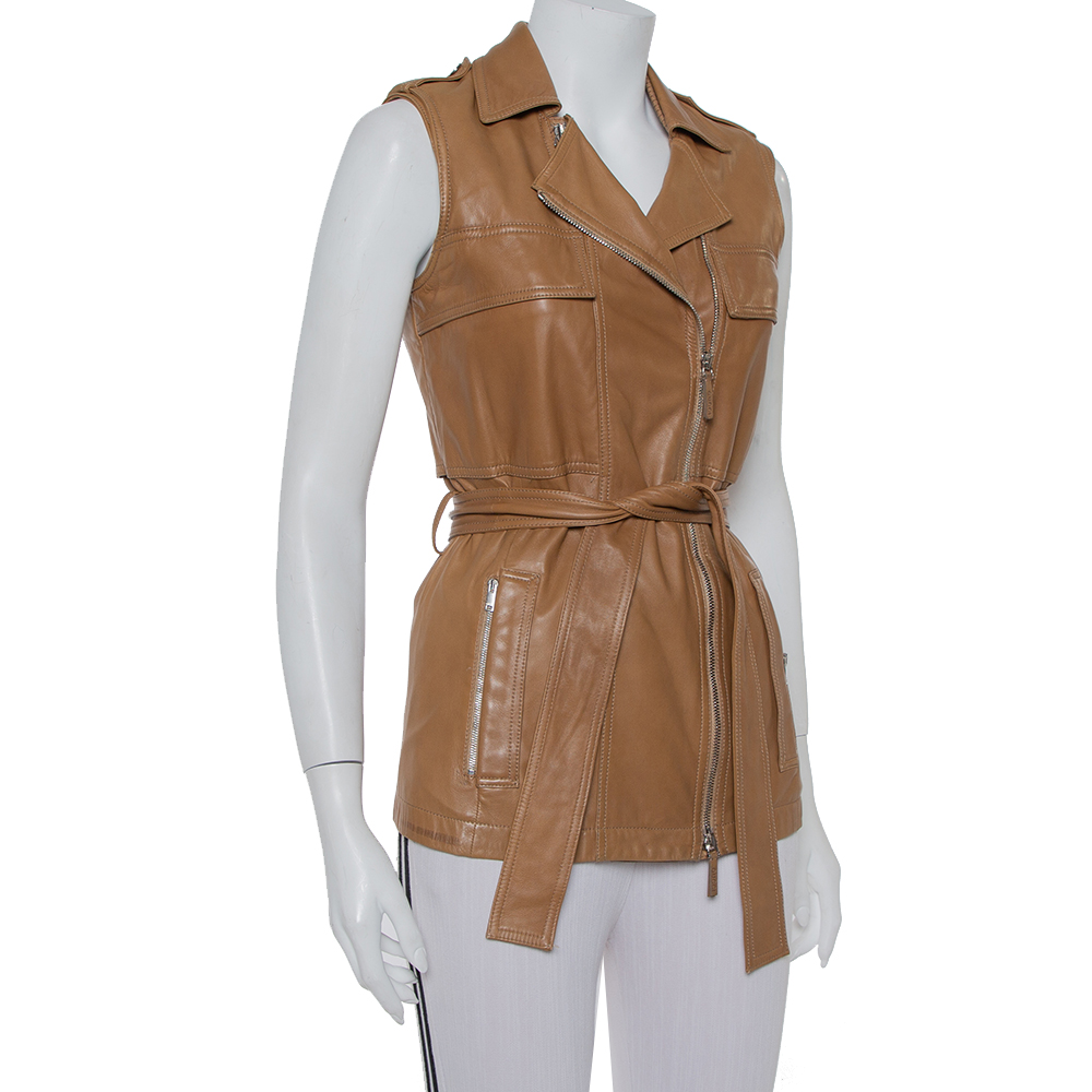 

Gucci Brown Leather Sleeveless Belted Vest