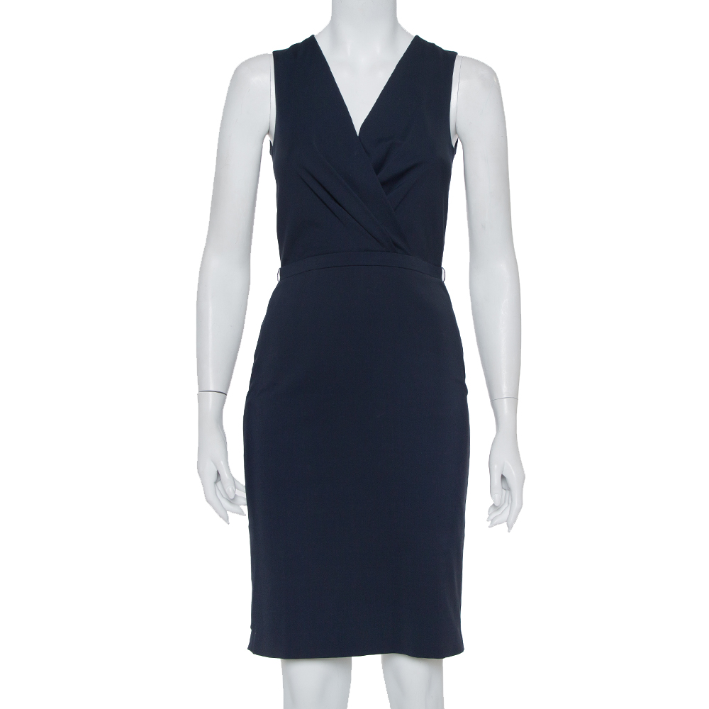 Pre-owned Gucci Navy Blue Cotton Faux Wrap Detail Sleeveless Sheath Dress S