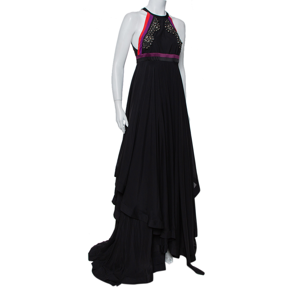 

Gucci Black Embellished Silk Cutaway Asymmetrical Layered Gown