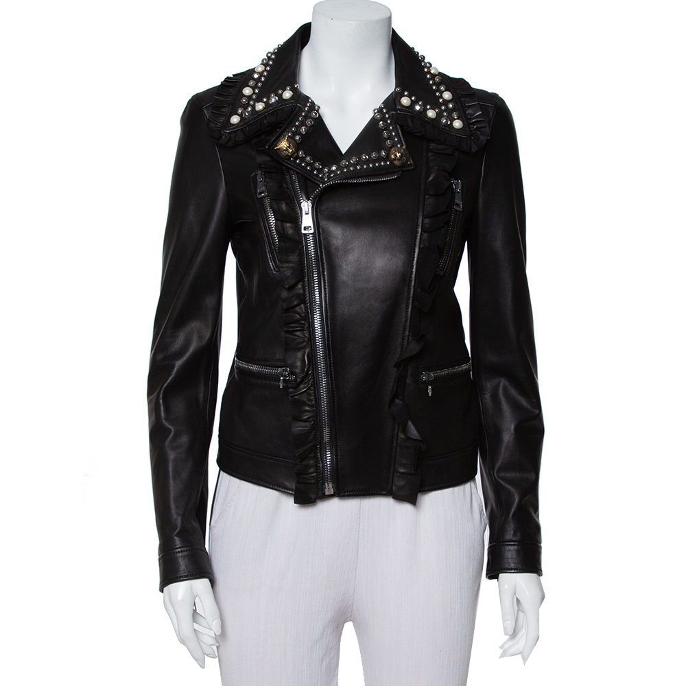 Pre-owned Gucci Black Leather Bead Studded Short Jacket M