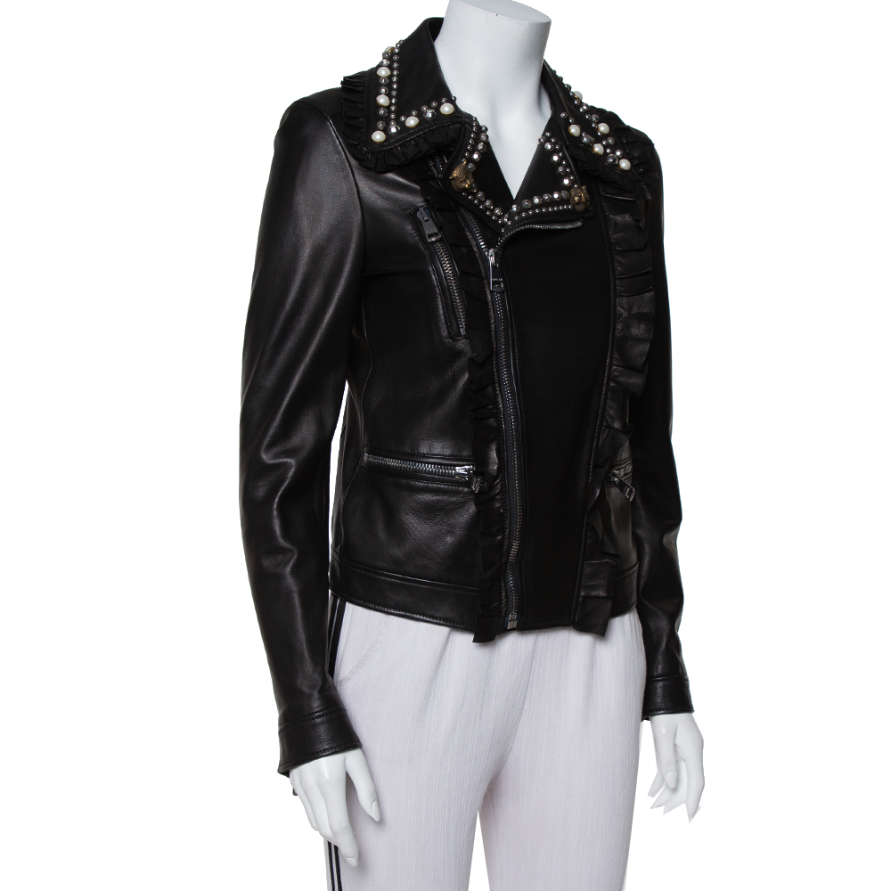 

Gucci Black Leather Bead Studded Short Jacket