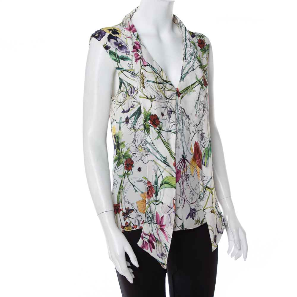 

Gucci White Floral Printed Silk Neck Tie Detail Sleeveless Top