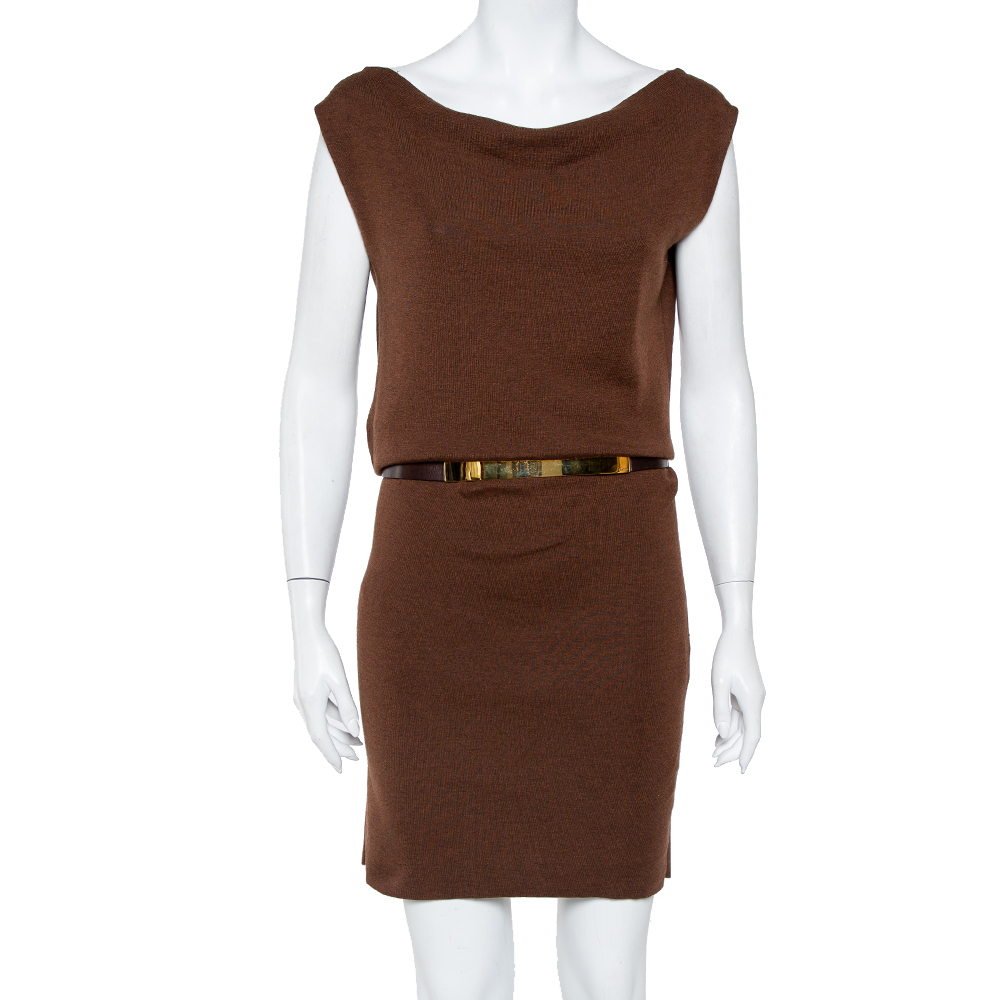 Pre-owned Gucci Brown Cashmere & Silk Cowl Neck Detail Belted Dress L