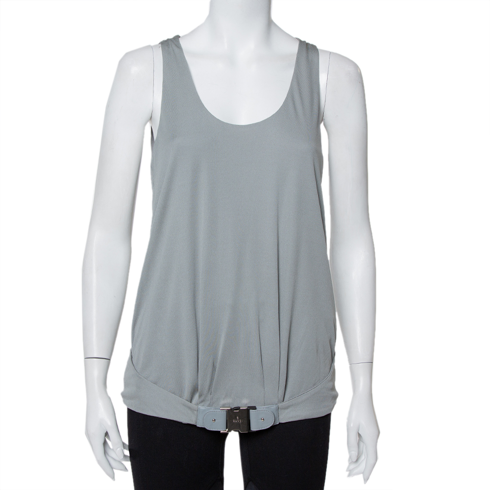 Pre-owned Gucci Grey Knit Leather Belt Detail Tank Top M