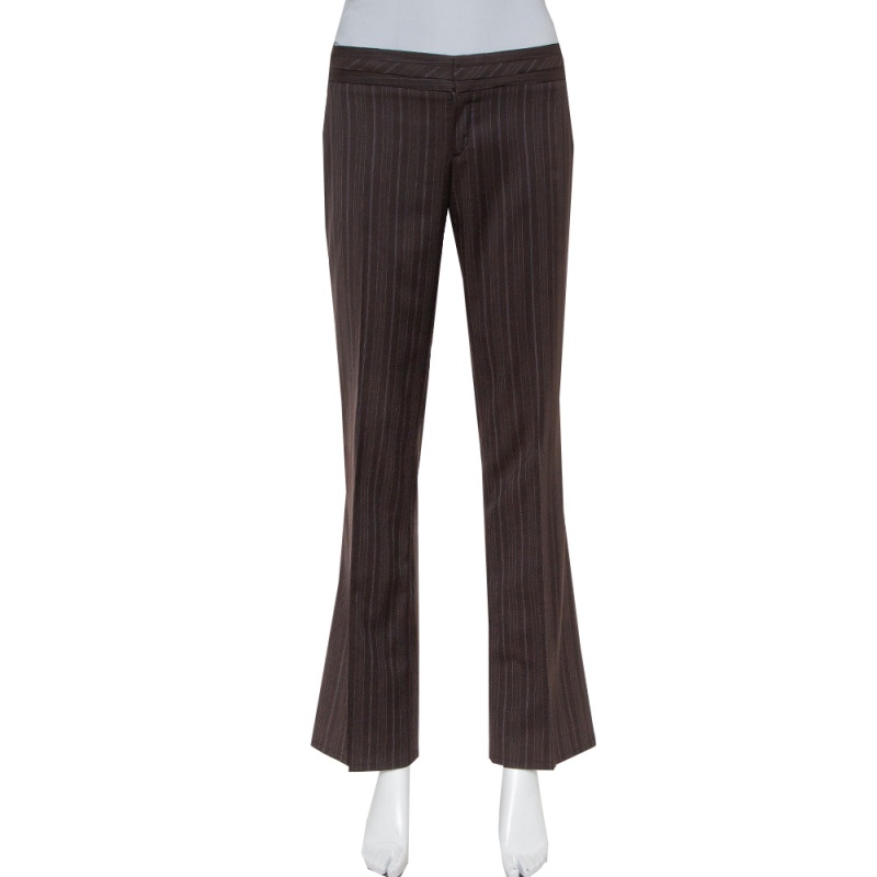 Pre-owned Gucci Brown Pinstriped Wool Flared Leg Trousers S