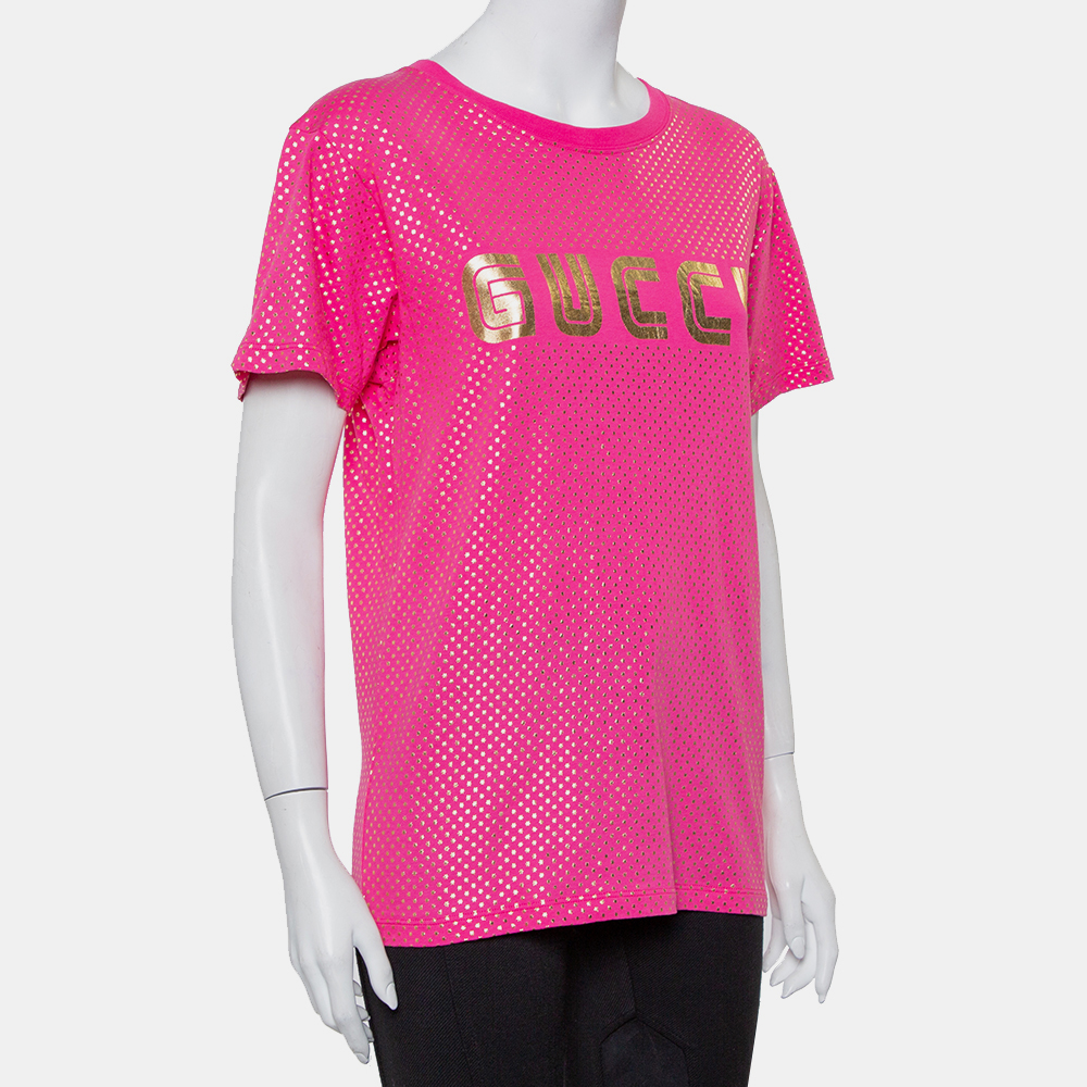 

Gucci Fuchsia Star & Guccy Logo Printed Cotton Crewneck T-shirt, Pink