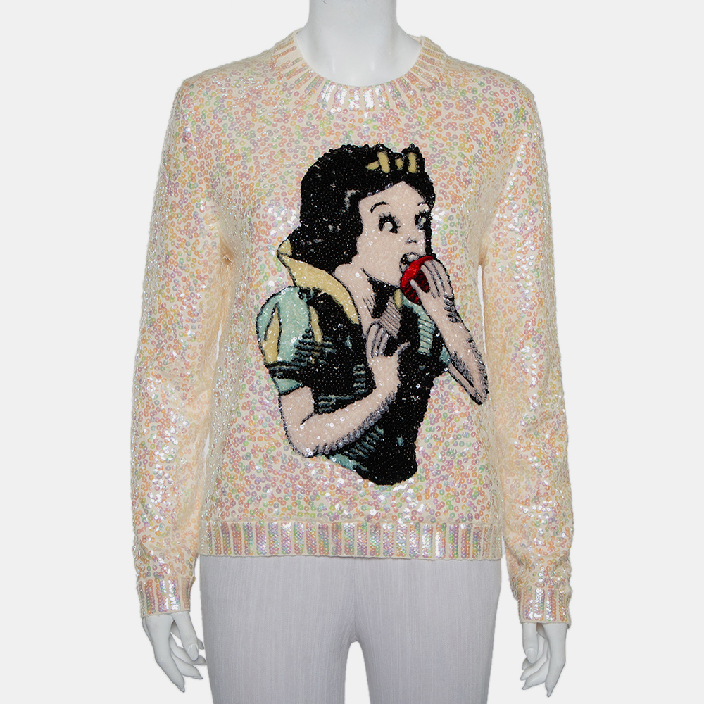 Pre-owned Gucci Cream Wool Snow White Sequin Embellished Crewneck Sweater S