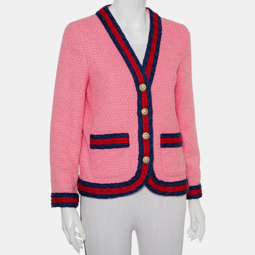 

Gucci Pink Tweed Striped Detail Pearl Button Front Jacket