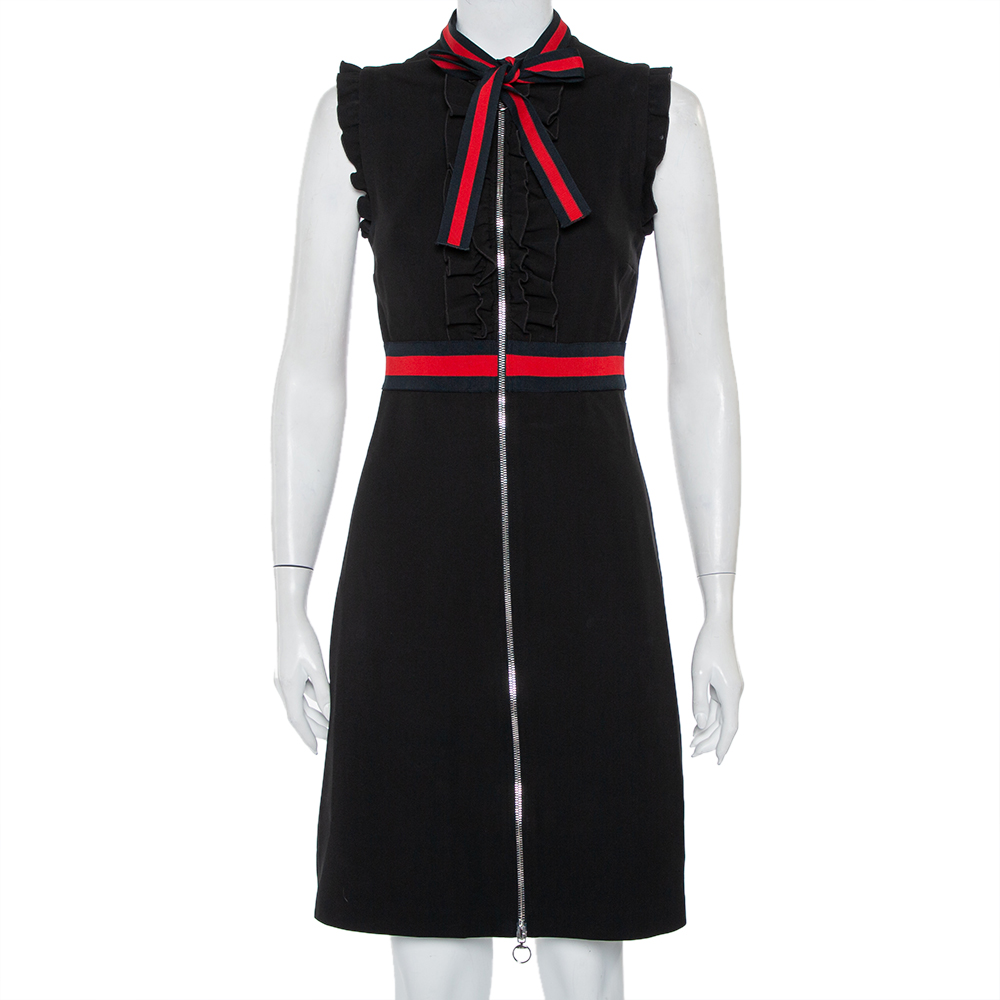 Pre-owned Gucci Black Knit Stripe Trim Detail Ruffled Zipper Front Mini Dress M