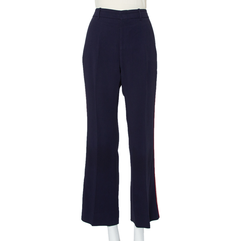 Pre-owned Gucci Navy Blue Knit Side Strip Trim Detail Bootcut Pants L