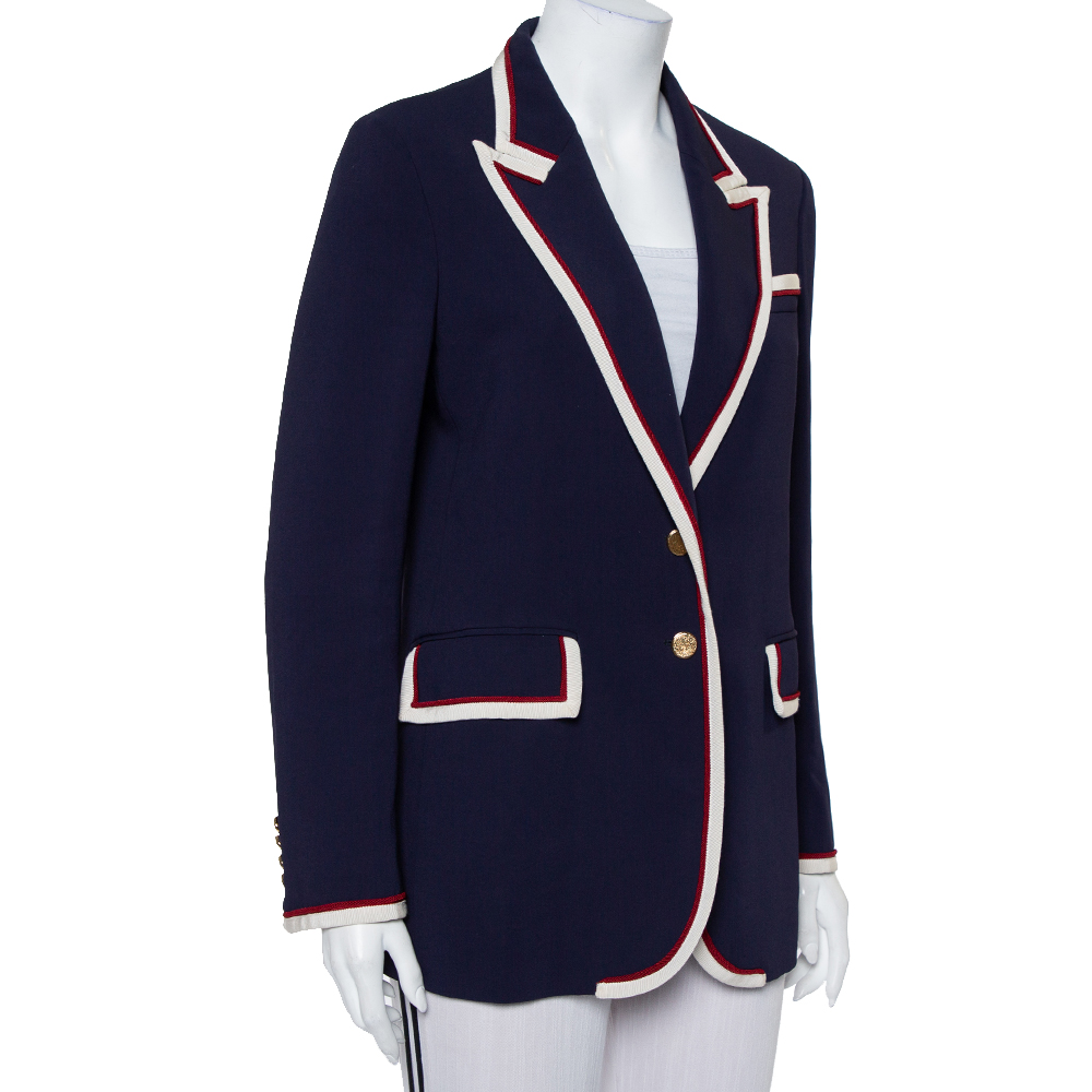 

Gucci Navy Blue Crepe Contrast Trim Detail Button Front Blazer