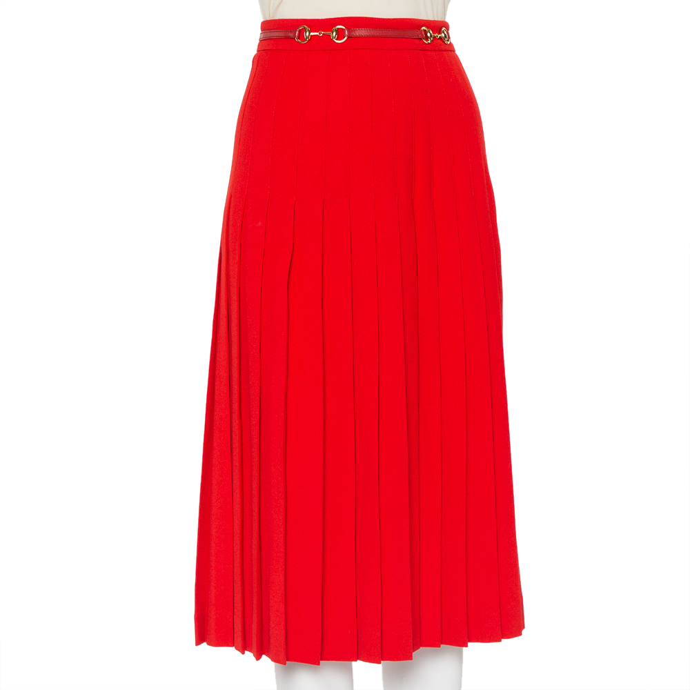 

Gucci Red Wool Pleated Leather Belt Detail Midi Skirt