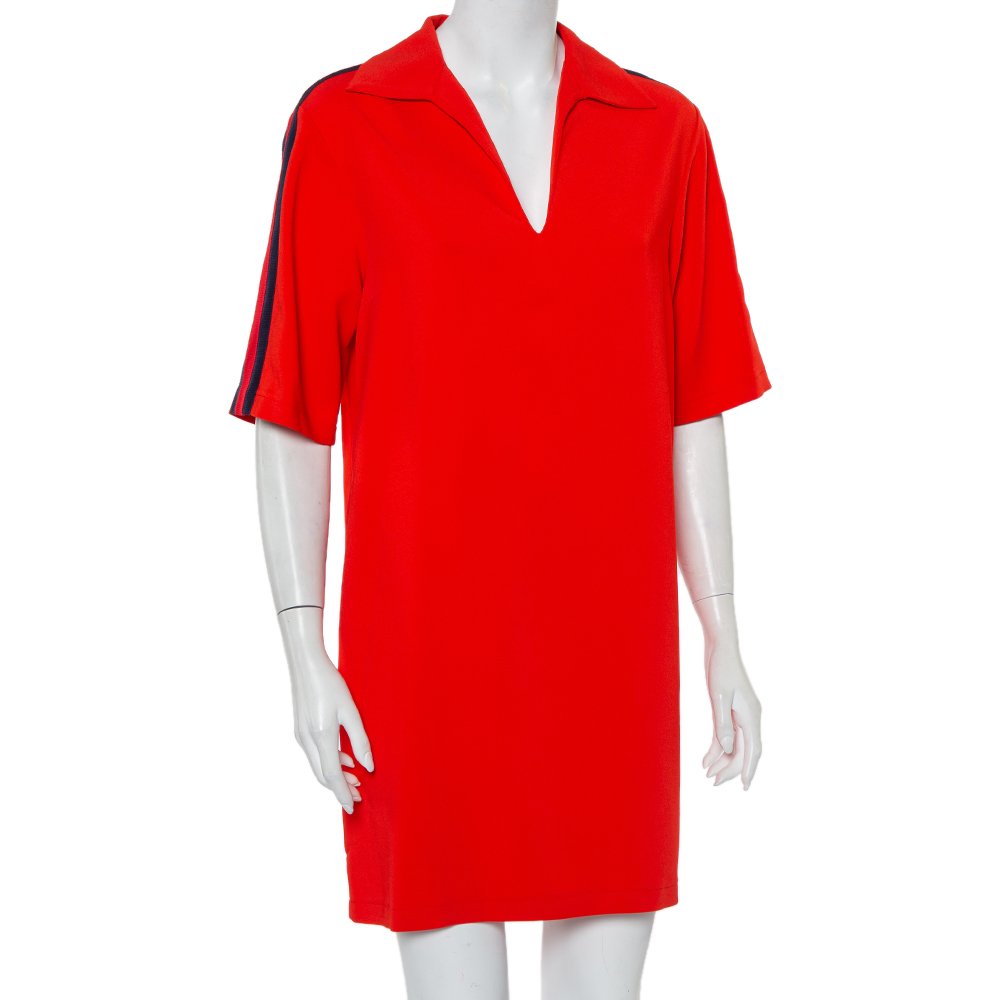 

Gucci Red Crepe Shoulder Strip Detail Collared Tunic