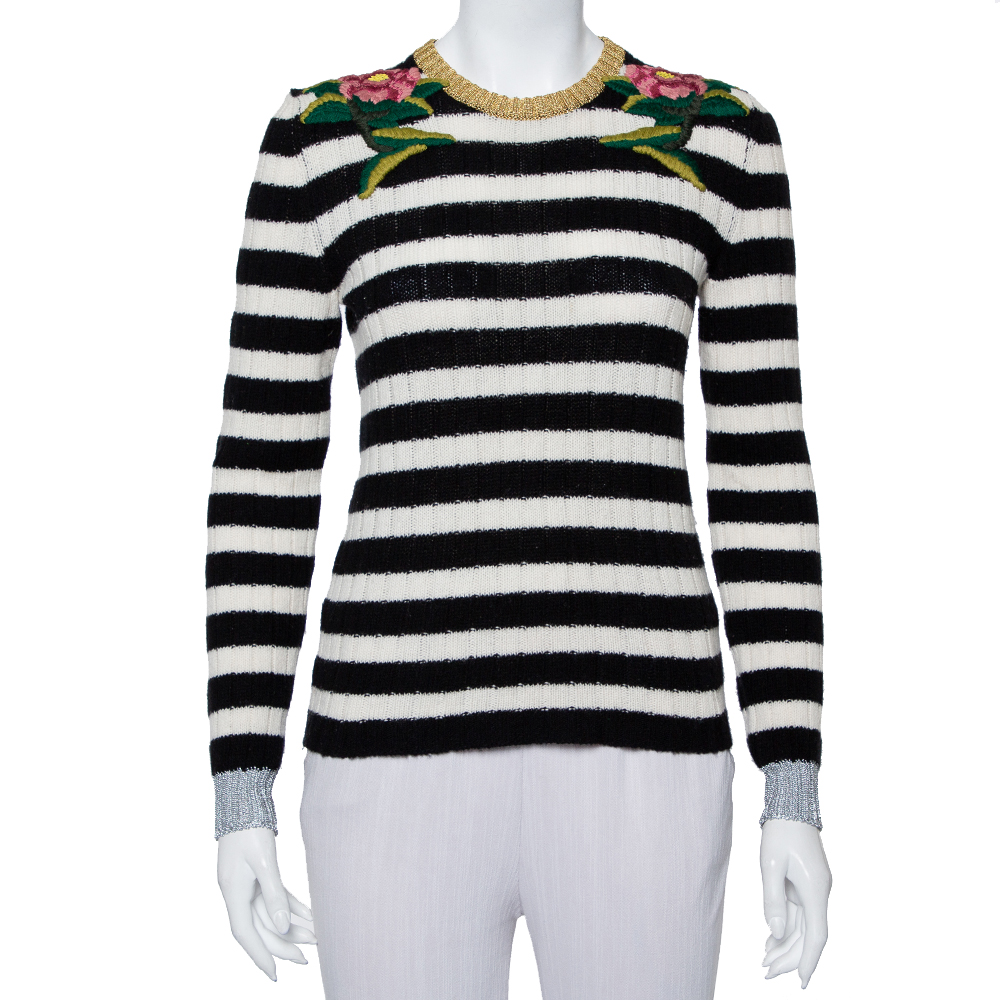 Pre-owned Gucci Monochrome Striped Knit Floral Embroidered Applique Sweater S In Black