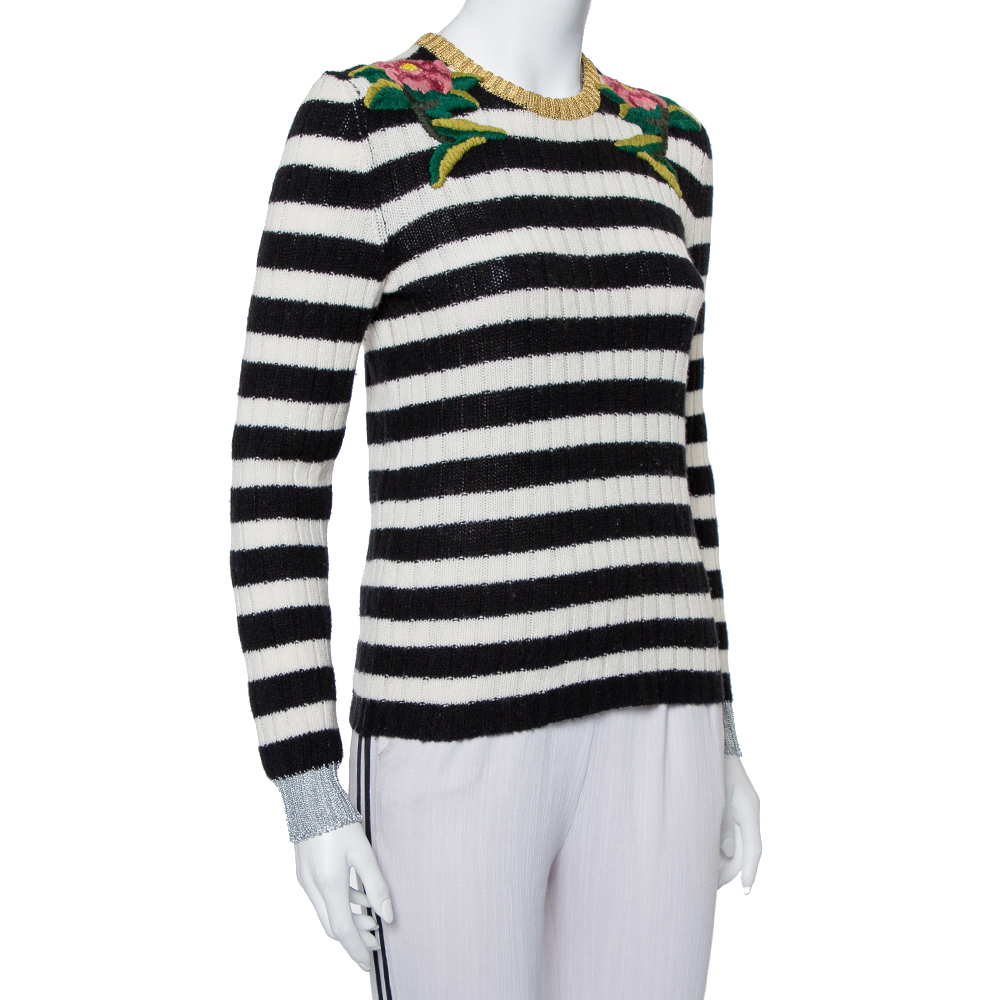 

Gucci Monochrome Striped Knit Floral Embroidered Applique Sweater, Black