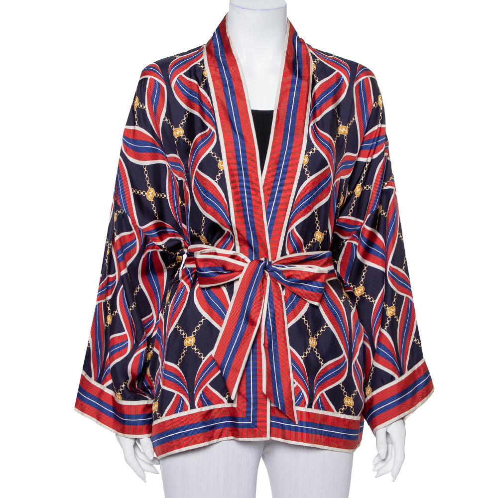 Pre-owned Gucci Navy Blue & Red Ribbon Printed Silk Open Fronted Belted Kimono Top M