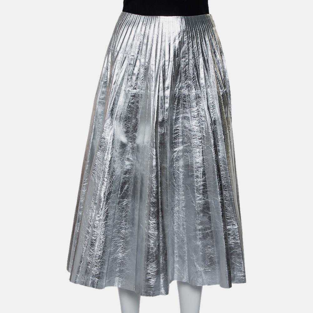 Pre-owned Gucci Metallic Silver Leather Pleated Midi Skirt S