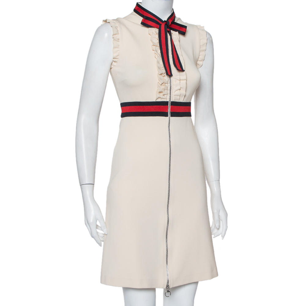 

Gucci Cream Jersey Web Stripe Neck Tie Detail Zip Front Mini Dress