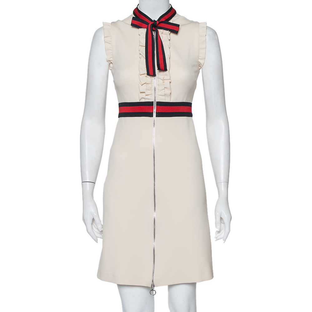 Pre-owned Gucci Cream Jersey Web Stripe Neck Tie Detail Zip Front Mini Dress Xs