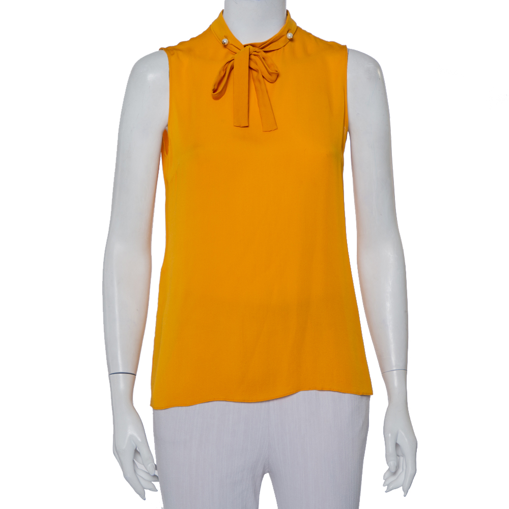 Pre-owned Gucci Mustard Yellow Silk Pearl Buttoned Neck Tie Detail Sleeveless Top M