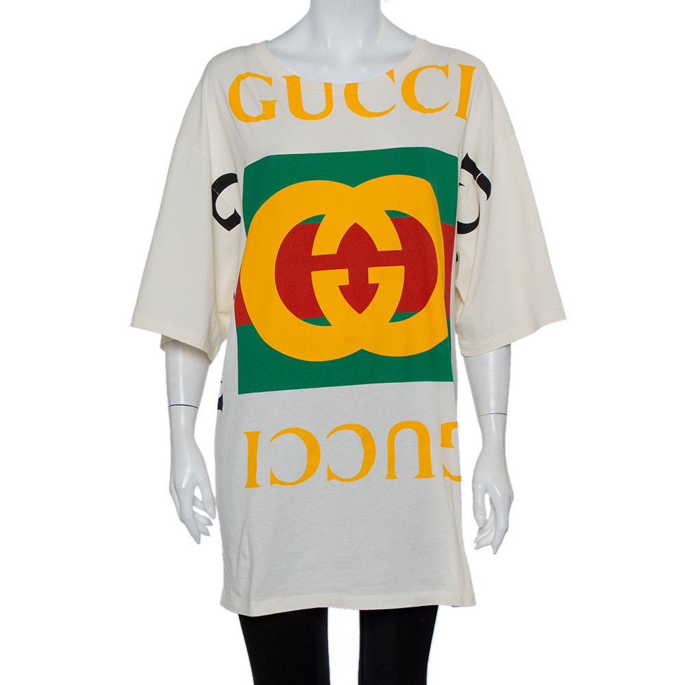 Pre-owned Gucci Cream Cotton Logo Printed T-shirt Dress Xs