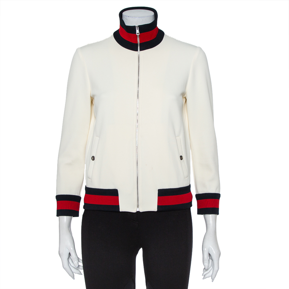 Pre-owned Gucci Off White Knit Striped Trim Detail Zip Front Jacket L In Cream