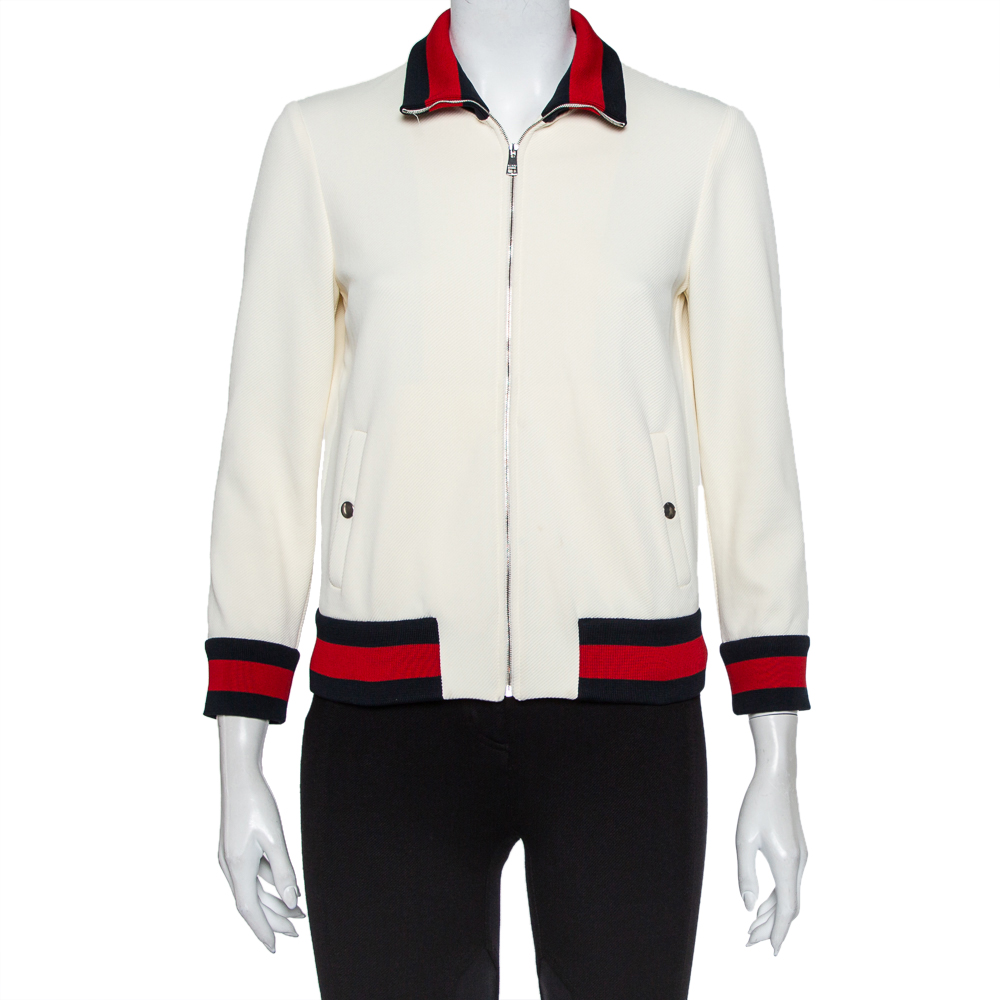 

Gucci Off White Knit Striped Trim Detail Zip Front Jacket L, Cream