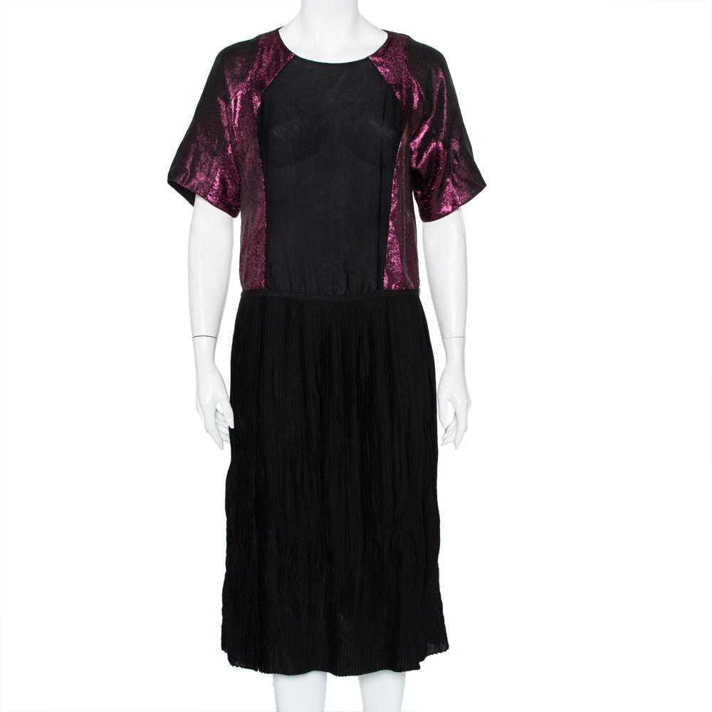 Pre-owned Gucci Black Silk Contrast Lam&eacute; Paneled Pleated Midi Dress S