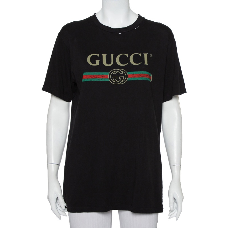 Pre-owned Gucci Black Cotton Logo Printed Distressed Oversized T-shirt S