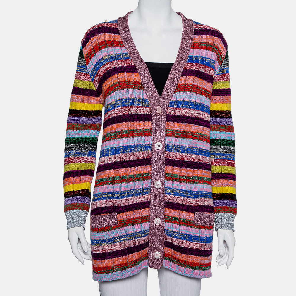 Pre-owned Gucci Multicolor Lurex Knit & Silk Reversible Button Front Cardigan L
