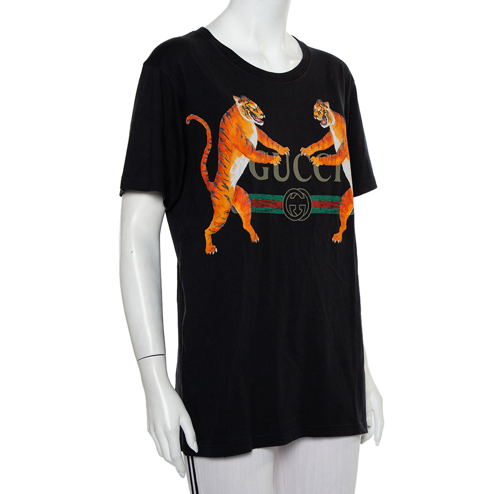 

Gucci Black Cotton Tiger Logo Printed Crewneck T-Shirt